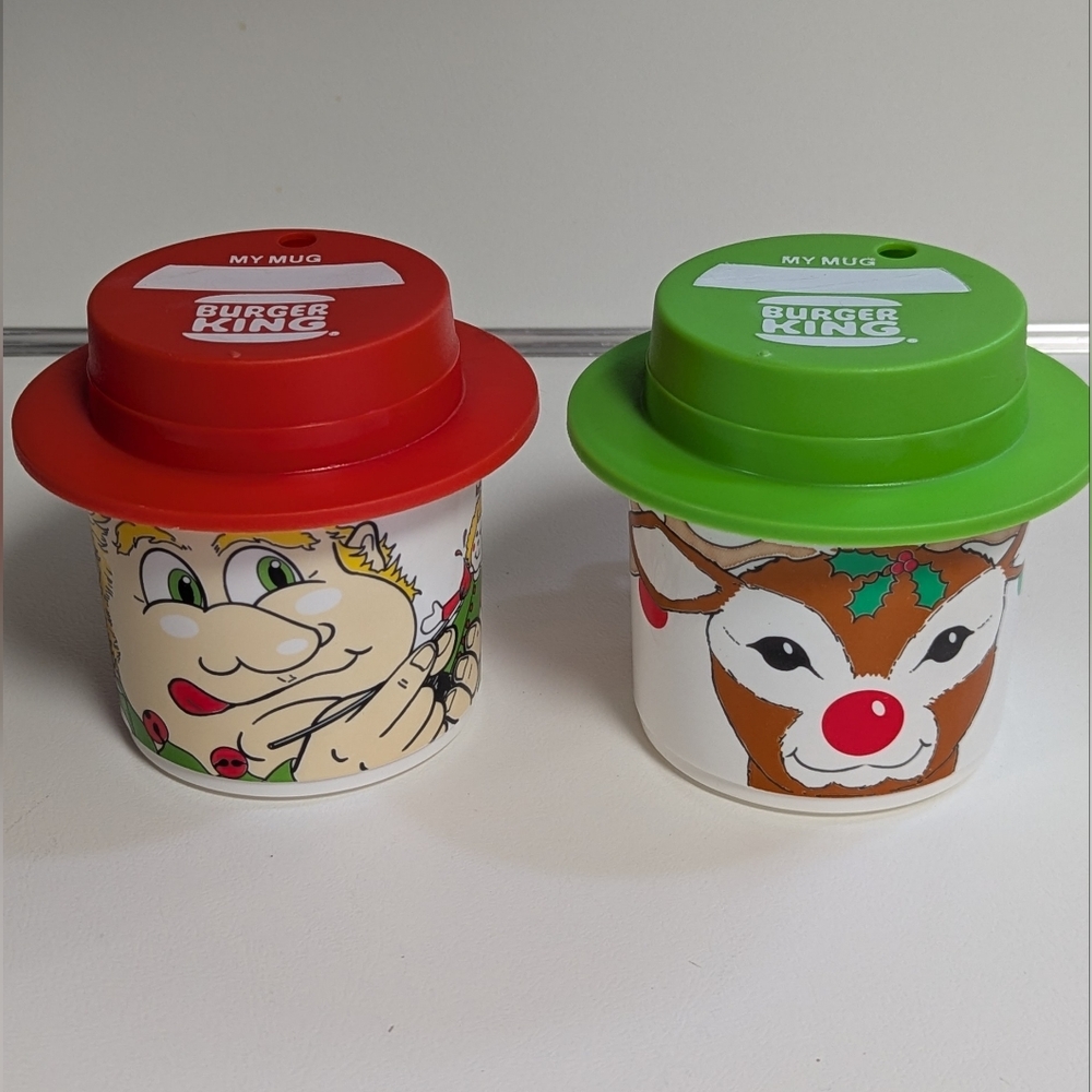 Vtg 2 Burger King Child's Mug Cups 2 Holiday Deer Whirley USA Cup W/Lids